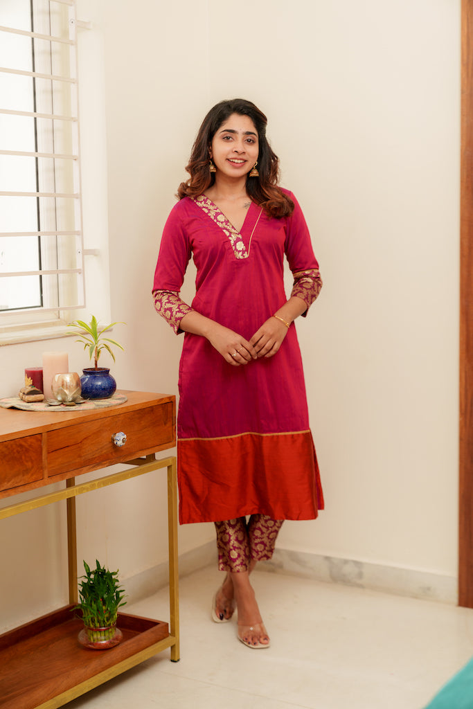 EXP - Bency Magenta & Orange Brocade Kurti Set