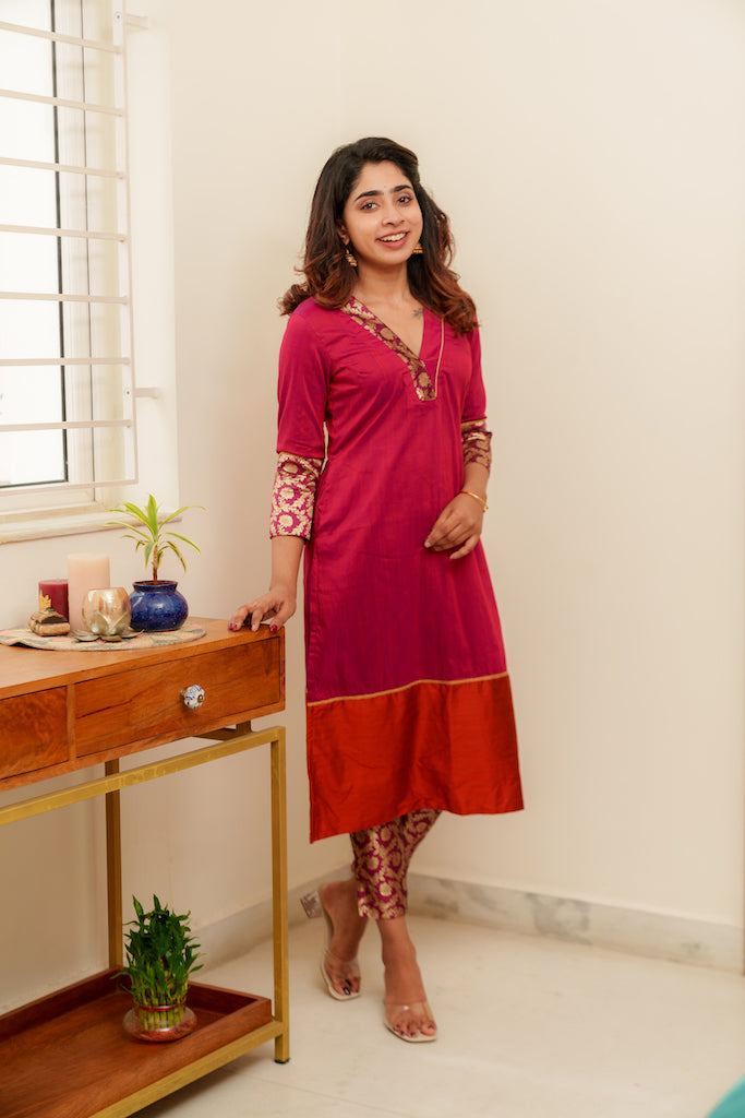 EXP - Bency Magenta & Orange Brocade Kurti Set