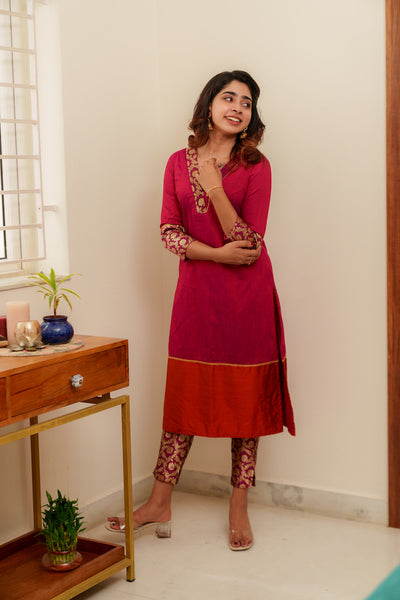 EXP - Bency Magenta & Orange Brocade Kurti Set