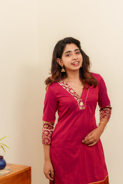 EXP - Bency Magenta & Orange Brocade Kurti Set