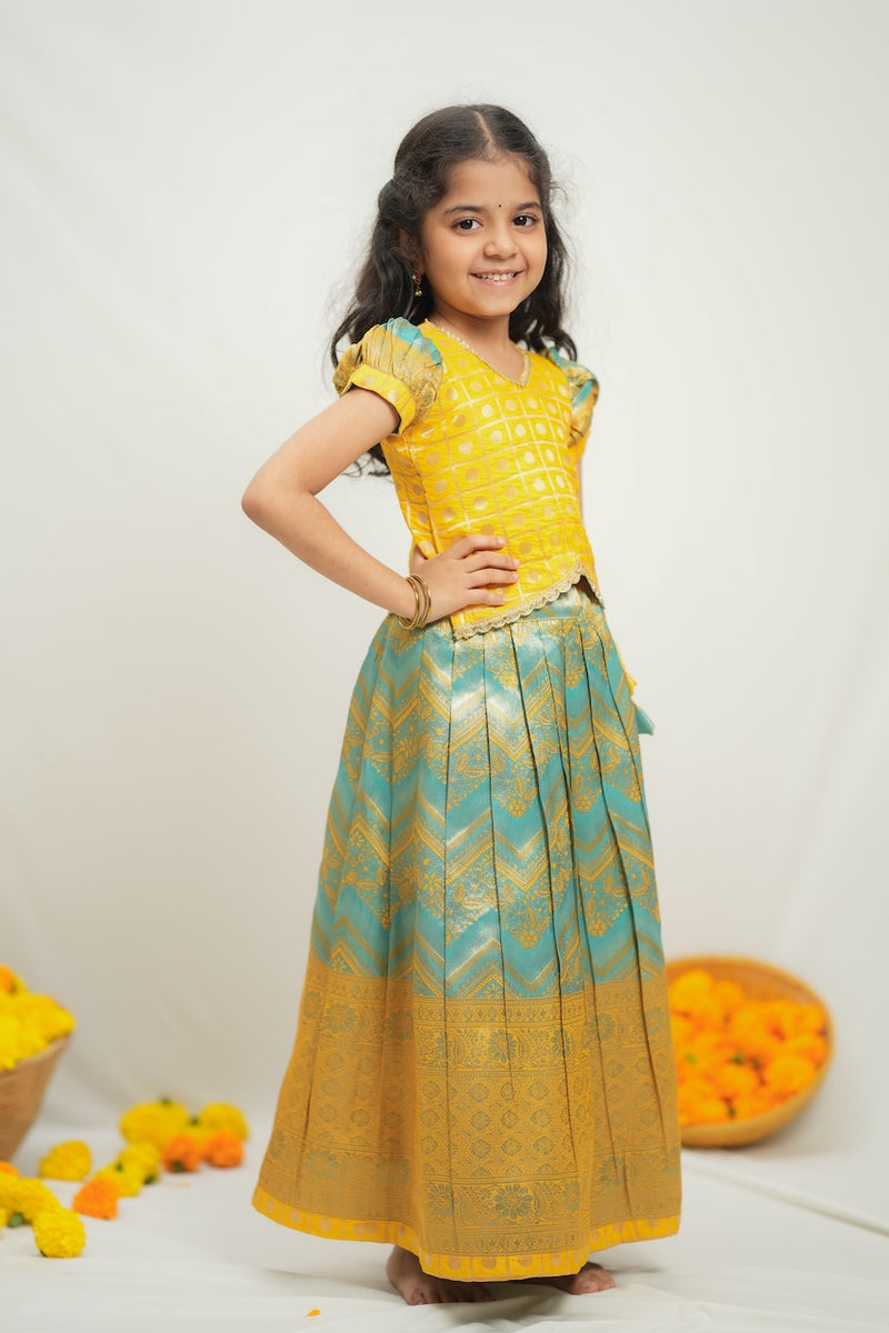 Akhila Yellow & Aqua Blue Brocade Kids Lehenga Set Mini