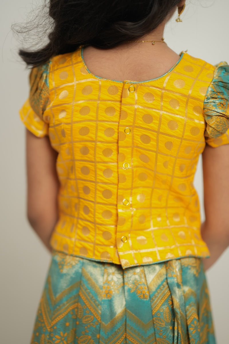 Akhila Yellow & Aqua Blue Brocade Kids Lehenga Set Mini