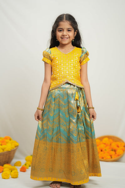 Akhila Yellow & Aqua Blue Brocade Kids Lehenga Set Mini