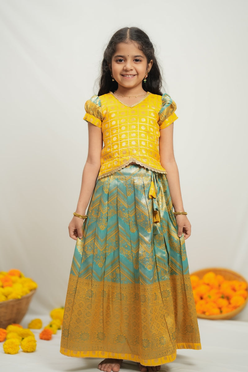 Akhila Yellow & Aqua Blue Brocade Kids Lehenga Set Mini