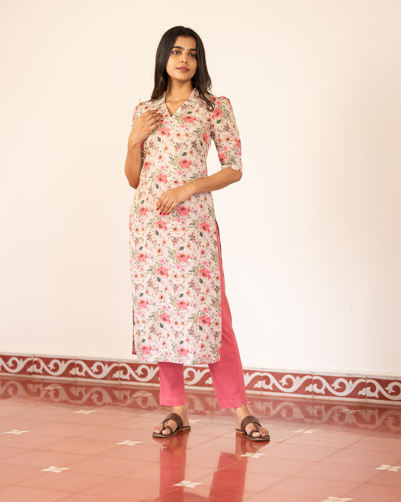 Beige Linen Floral Kurta