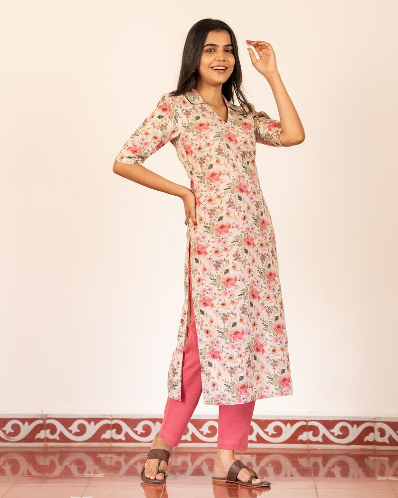 Beige Linen Floral Kurta