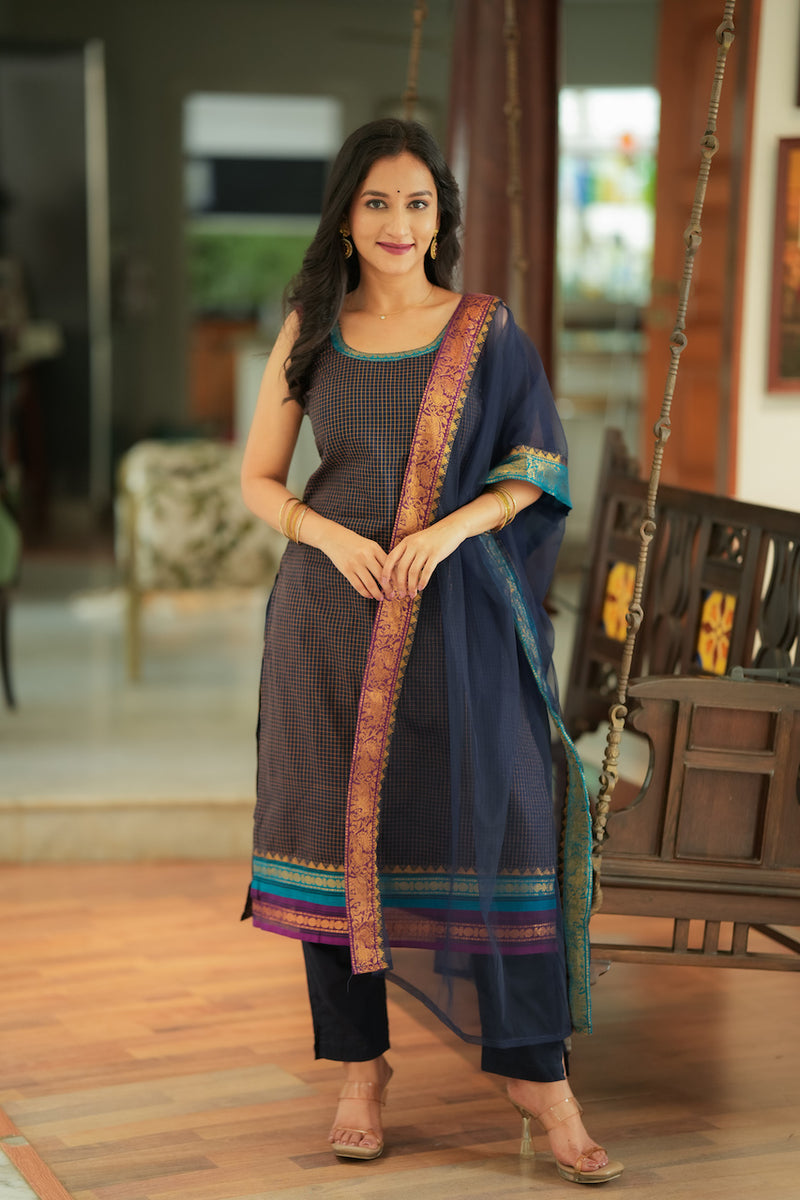 Varnika Blue Checkered Kurti Set