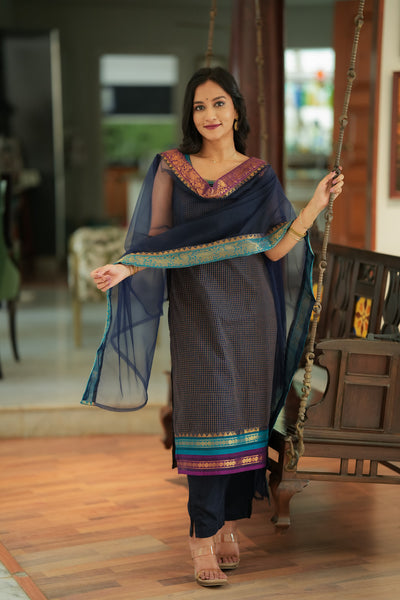 Varnika Blue Checkered Kurti Set