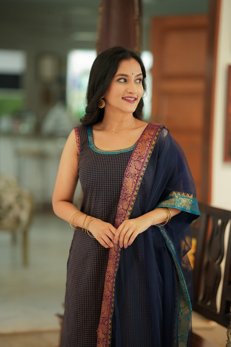 Varnika Blue Checkered Kurti Set