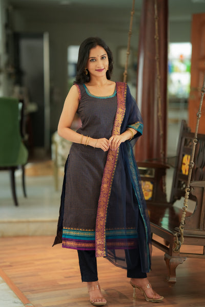 Varnika Blue Checkered Kurti Set