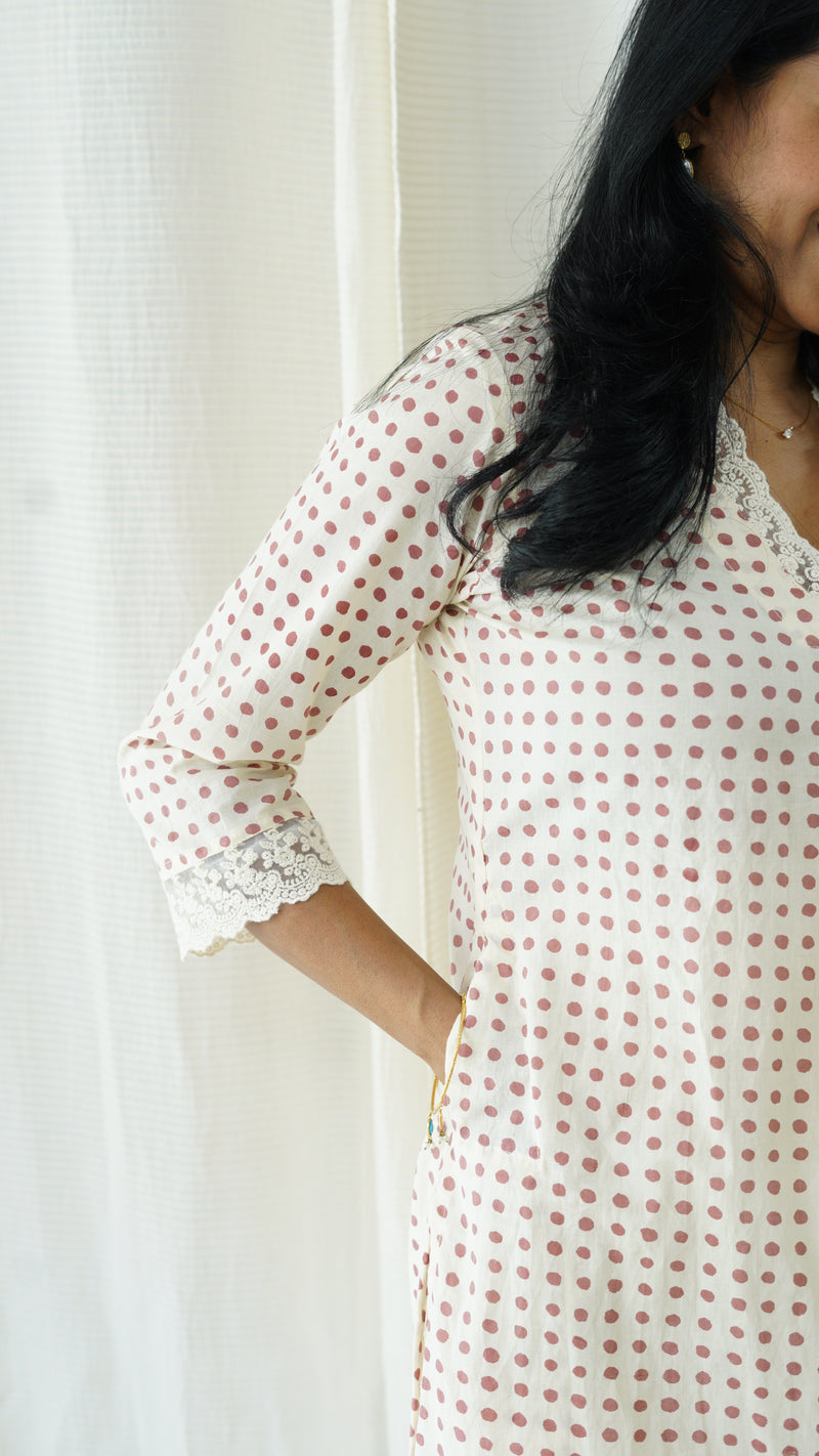 Mahi White and pink dots Pleated Kurti