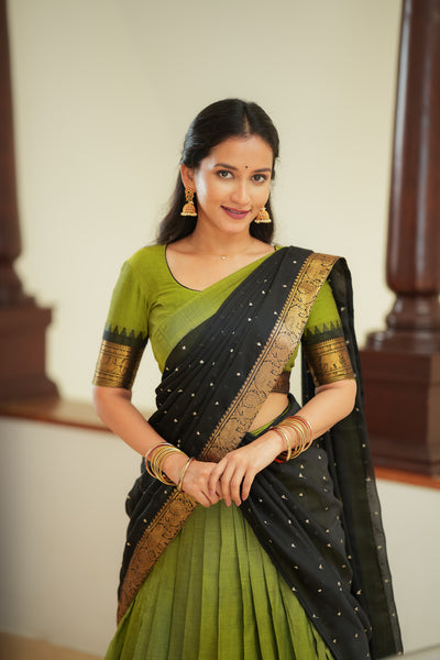 Prisha Olive Green Handwoven Halfsaree