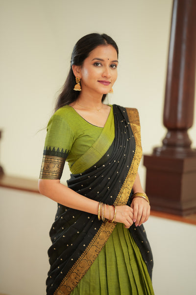 Prisha Olive Green Handwoven Halfsaree