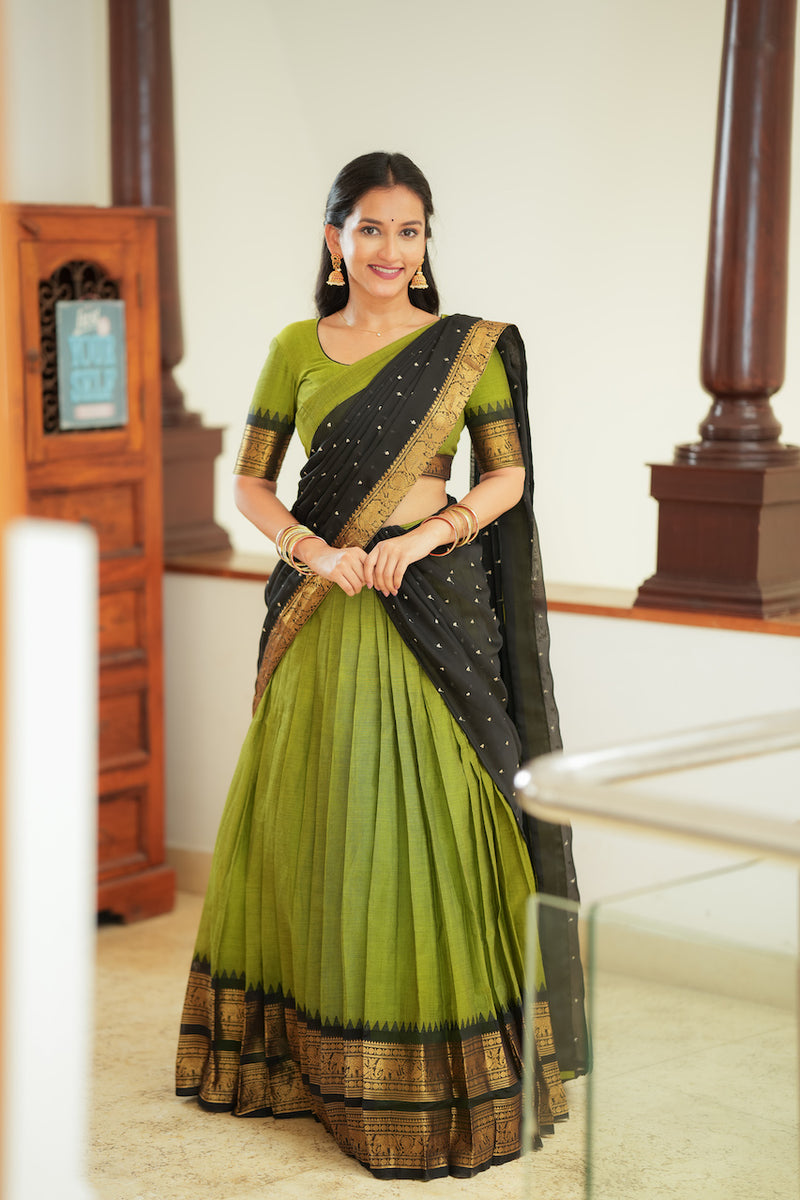Prisha Olive Green Handwoven Halfsaree