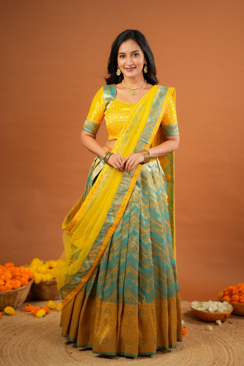 Akhila Yellow & Teal Banarasi Lehenga Set