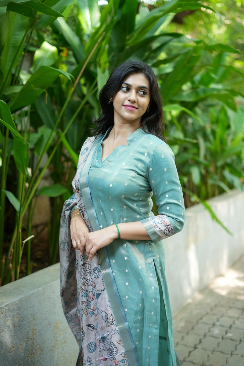 Charita Pastel green Chanderi Kurta Set with Kalamkari Dupatta