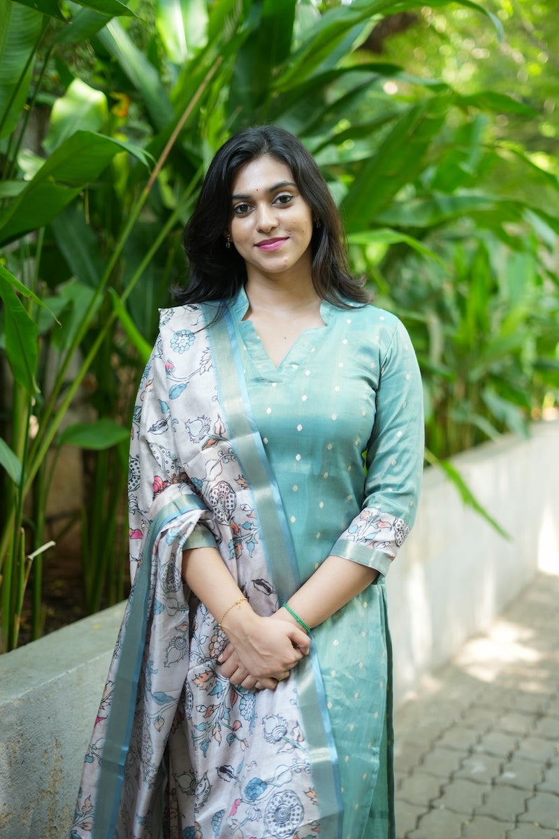 Charita Pastel green Chanderi Kurta Set with Kalamkari Dupatta