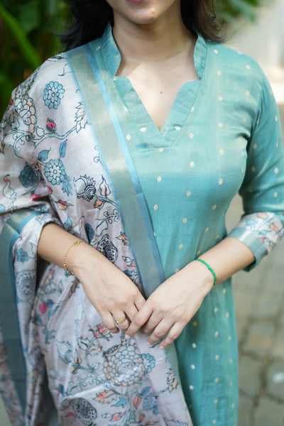 Charita Pastel green Chanderi Kurta Set with Kalamkari Dupatta