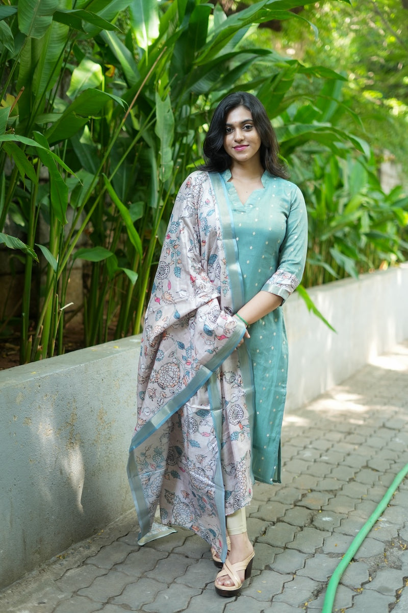 Charita Pastel green Chanderi Kurta Set with Kalamkari Dupatta