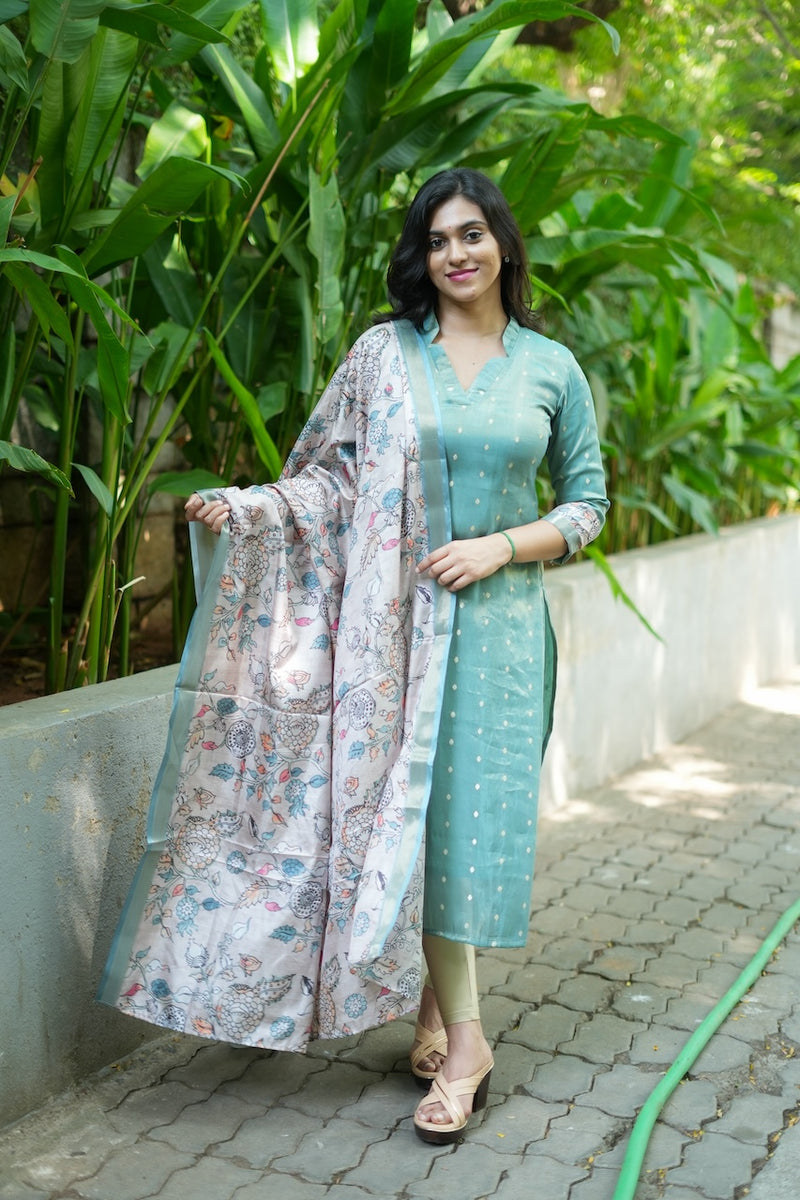 Charita Pastel green Chanderi Kurta Set with Kalamkari Dupatta