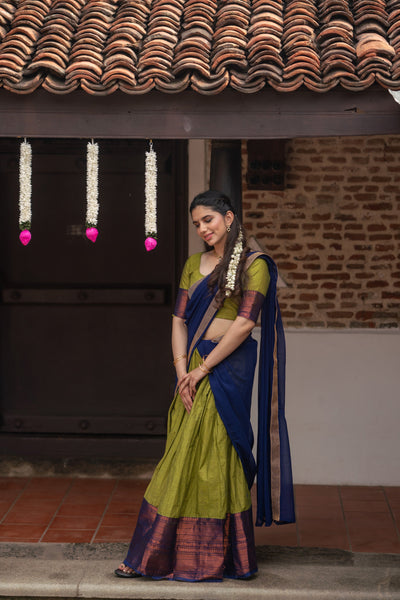 EXP - Pooja Olive Green with Navy Blue Handlom Halfsaree