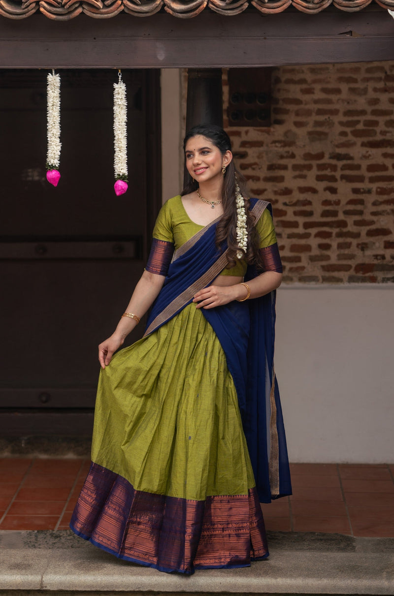 EXP - Pooja Olive Green with Navy Blue Handlom Halfsaree