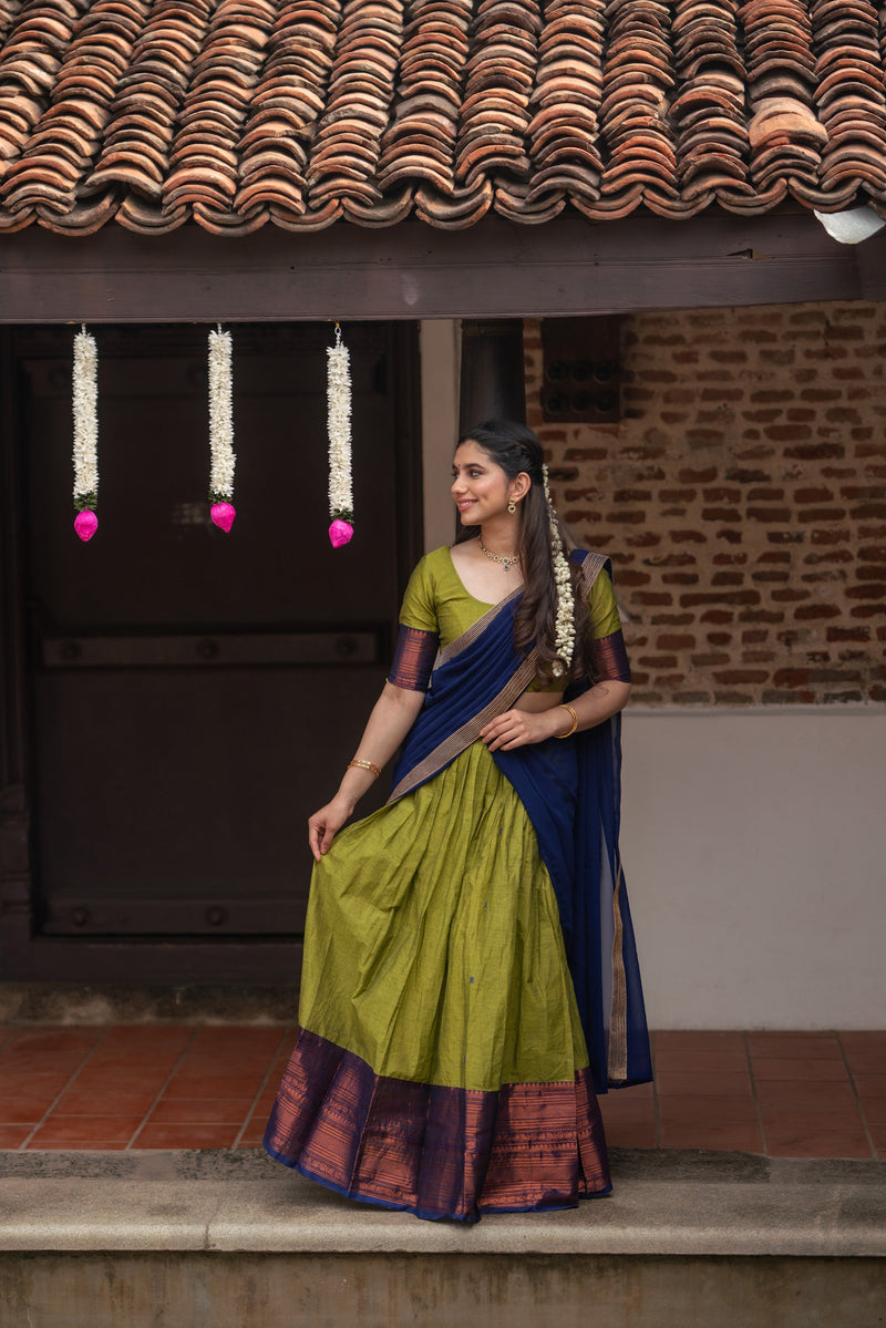 EXP - Pooja Olive Green with Navy Blue Handlom Halfsaree