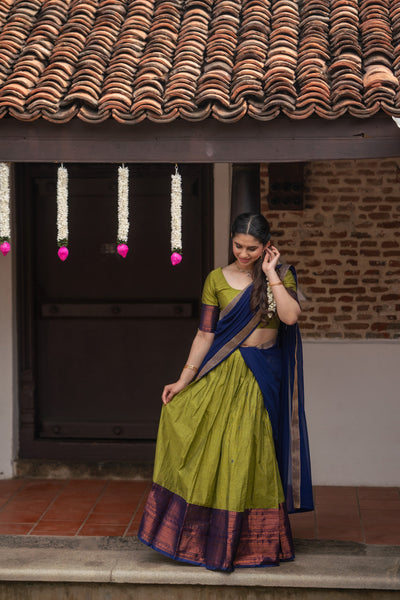 EXP - Pooja Olive Green with Navy Blue Handlom Halfsaree