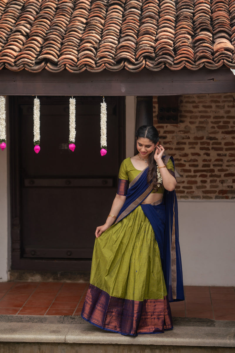 EXP - Pooja Olive Green with Navy Blue Handlom Halfsaree