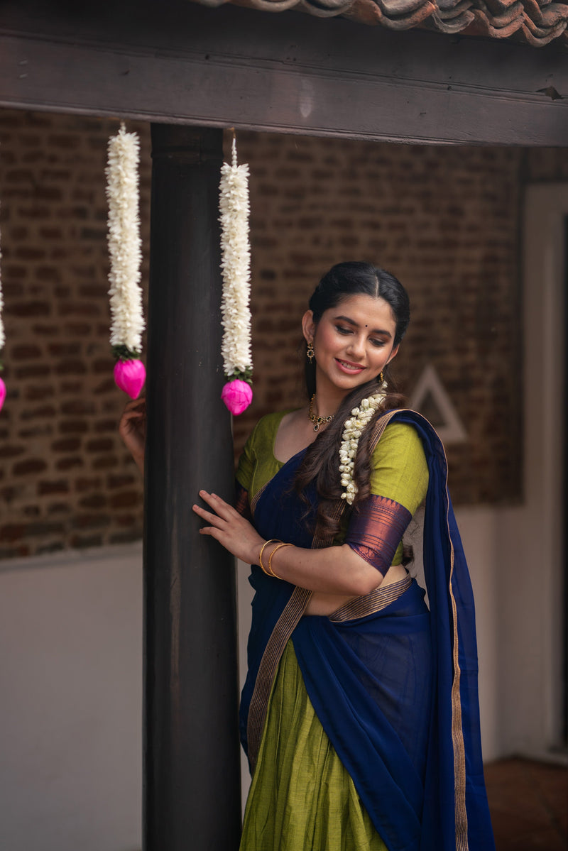 EXP - Pooja Olive Green with Navy Blue Handlom Halfsaree