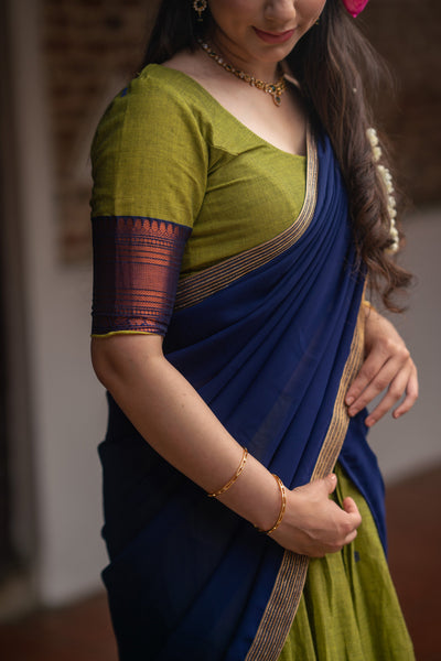 EXP - Pooja Olive Green with Navy Blue Handlom Halfsaree