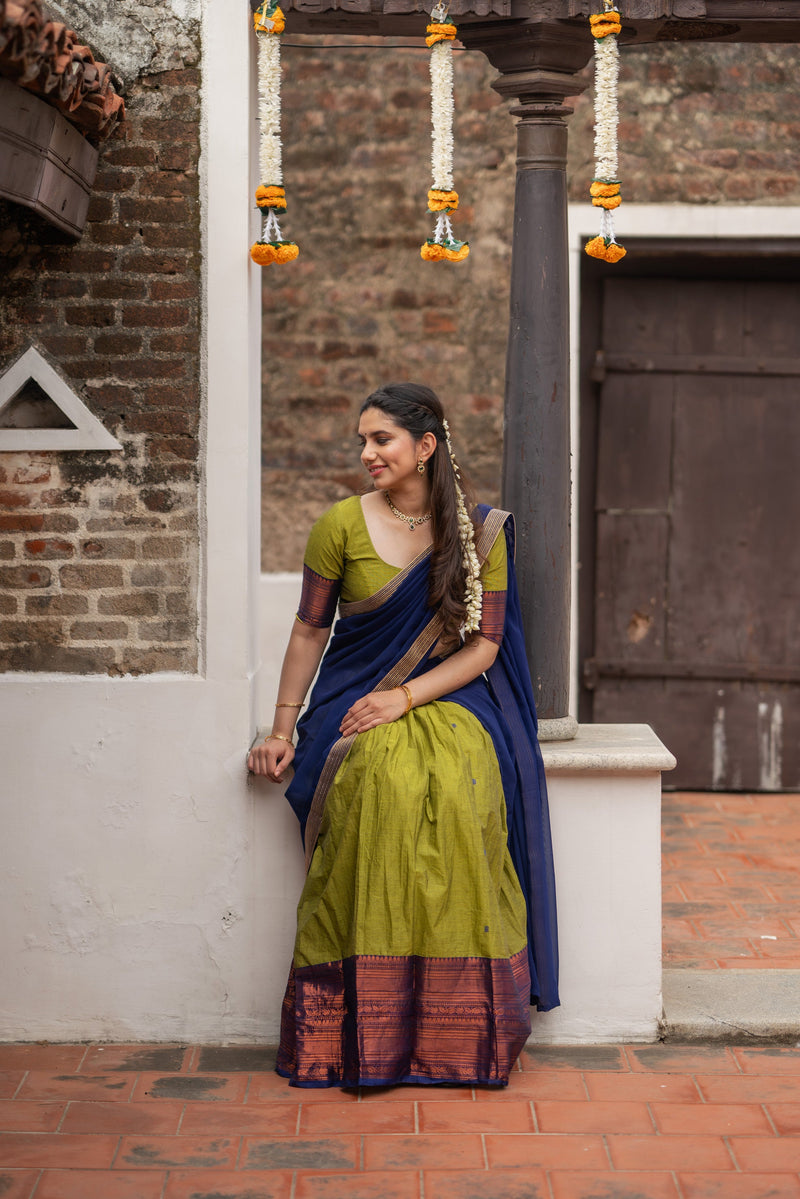 EXP - Pooja Olive Green with Navy Blue Handlom Halfsaree