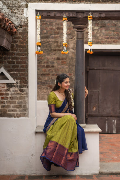 EXP - Pooja Olive Green with Navy Blue Handlom Halfsaree