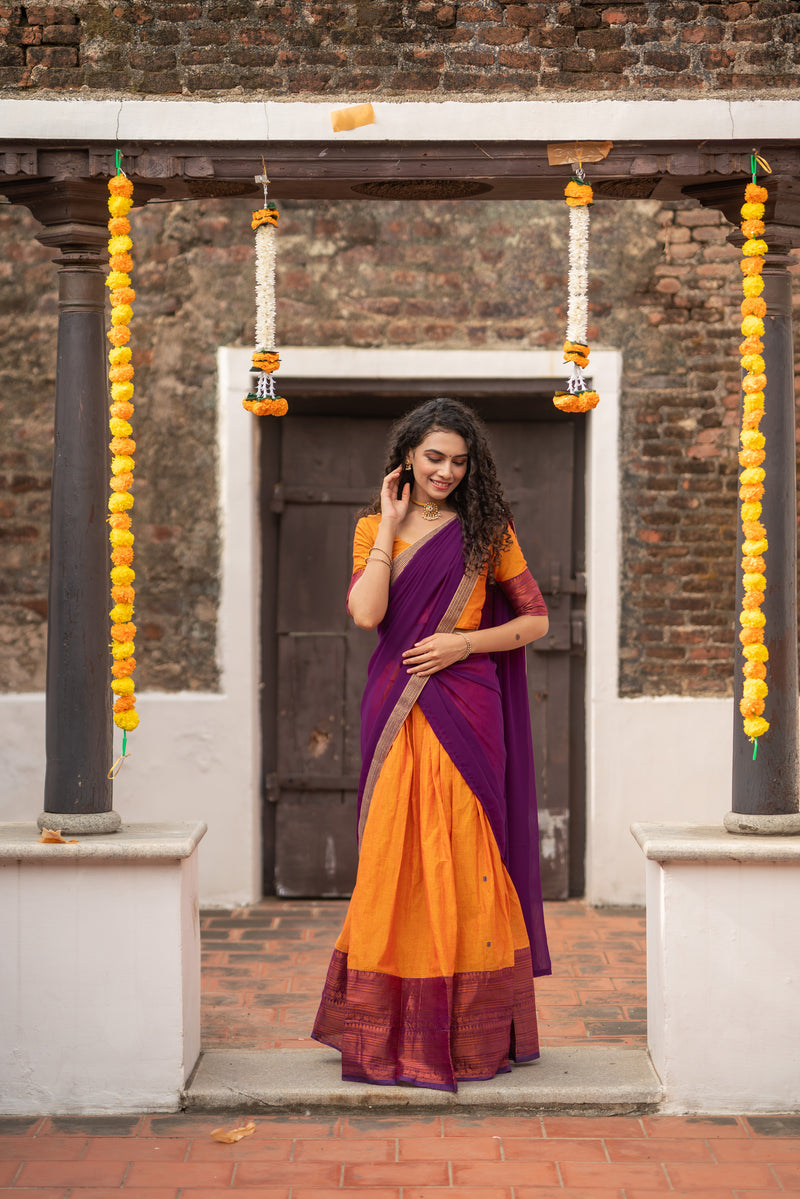 EXP - Pooja Orange with Violet Handlom Halfsaree