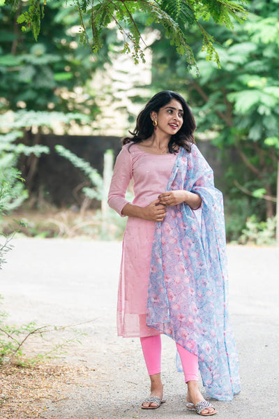 EXP - Aahila Pink sequins kurti with blue Floral organza