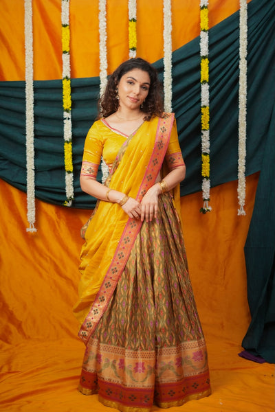 Cynthia Mustard Yellow & Olive Silk Lehenga Set