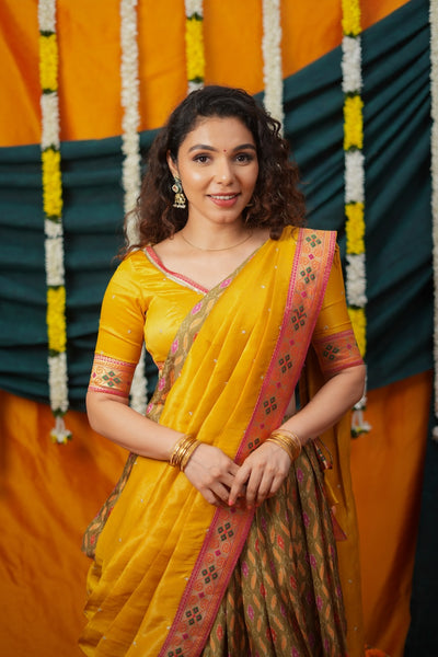 Cynthia Mustard Yellow & Olive Silk Lehenga Set