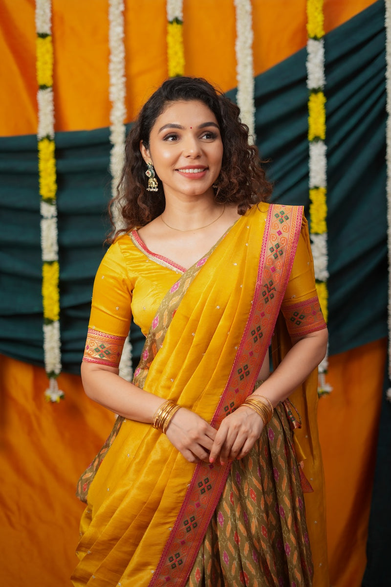 Cynthia Mustard Yellow & Olive Silk Lehenga Set