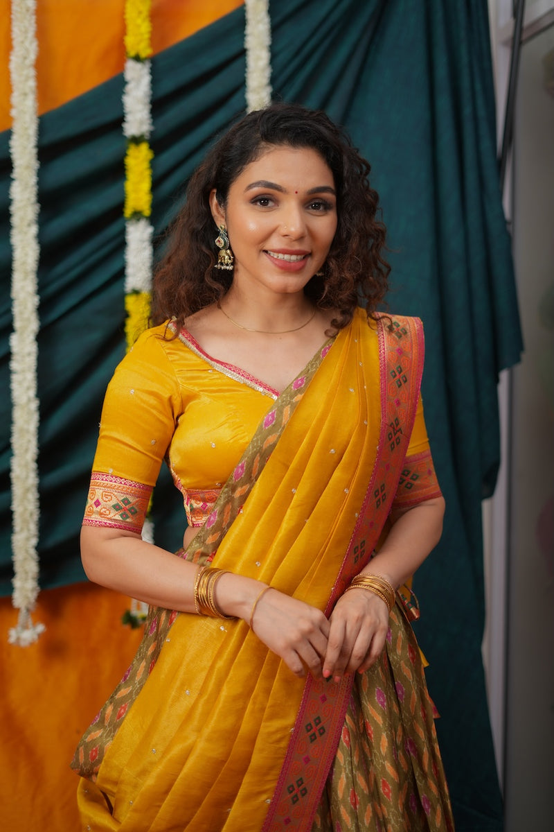 Cynthia Mustard Yellow & Olive Silk Lehenga Set