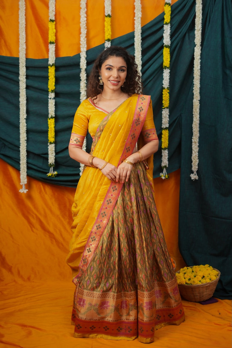 Cynthia Mustard Yellow & Olive Silk Lehenga Set
