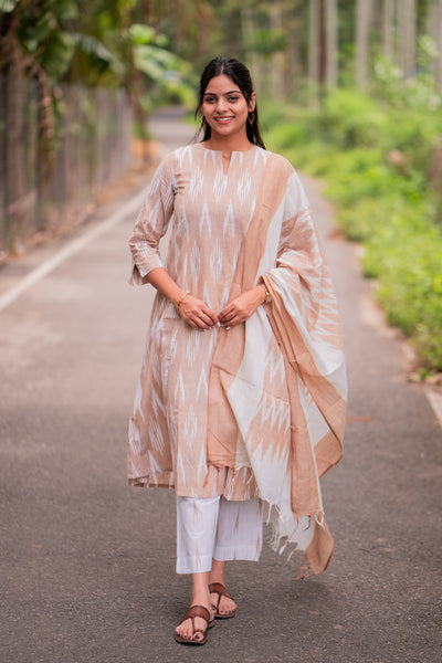 Caramel Cream Ikkat Kurta Set With Dupatta