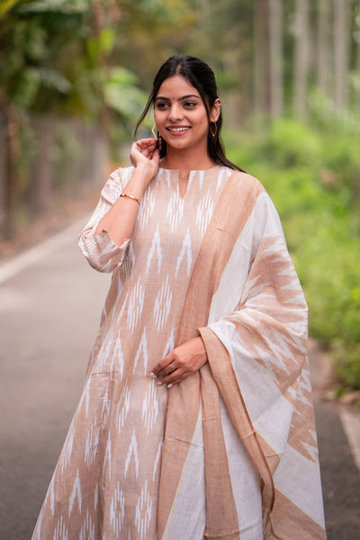 Caramel Cream Ikkat Kurta Set With Dupatta