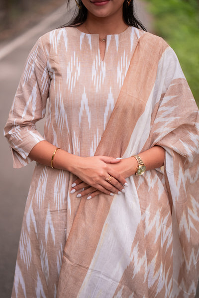 Caramel Cream Ikkat Kurta Set With Dupatta