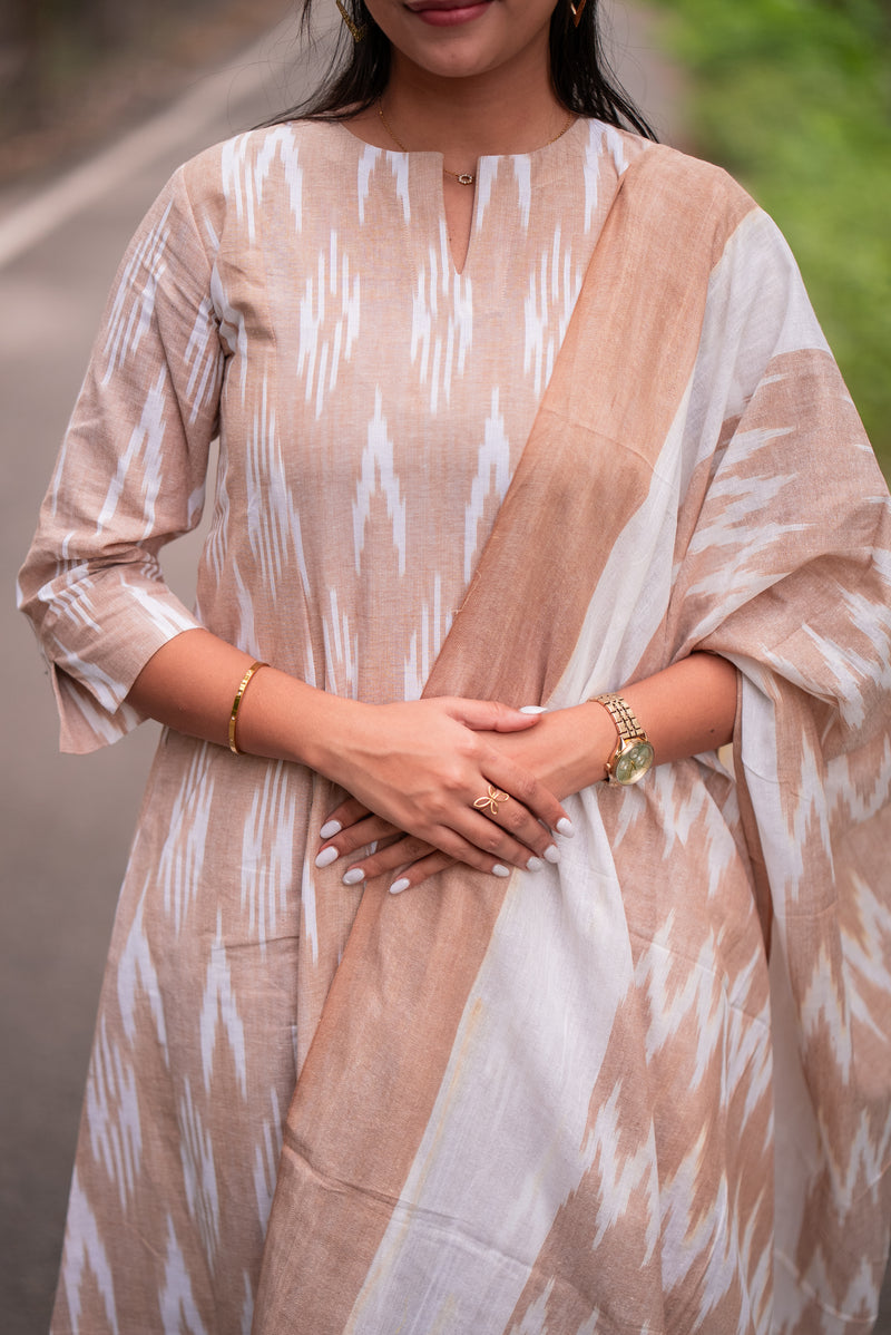 Caramel Cream Ikkat Kurta Set With Dupatta