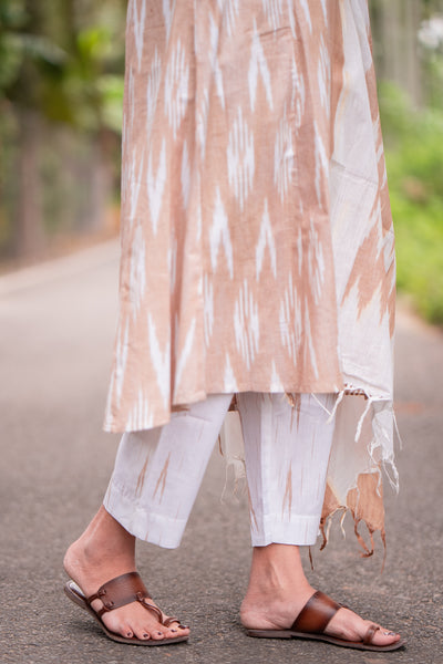 Caramel Cream Ikkat Kurta Set With Dupatta