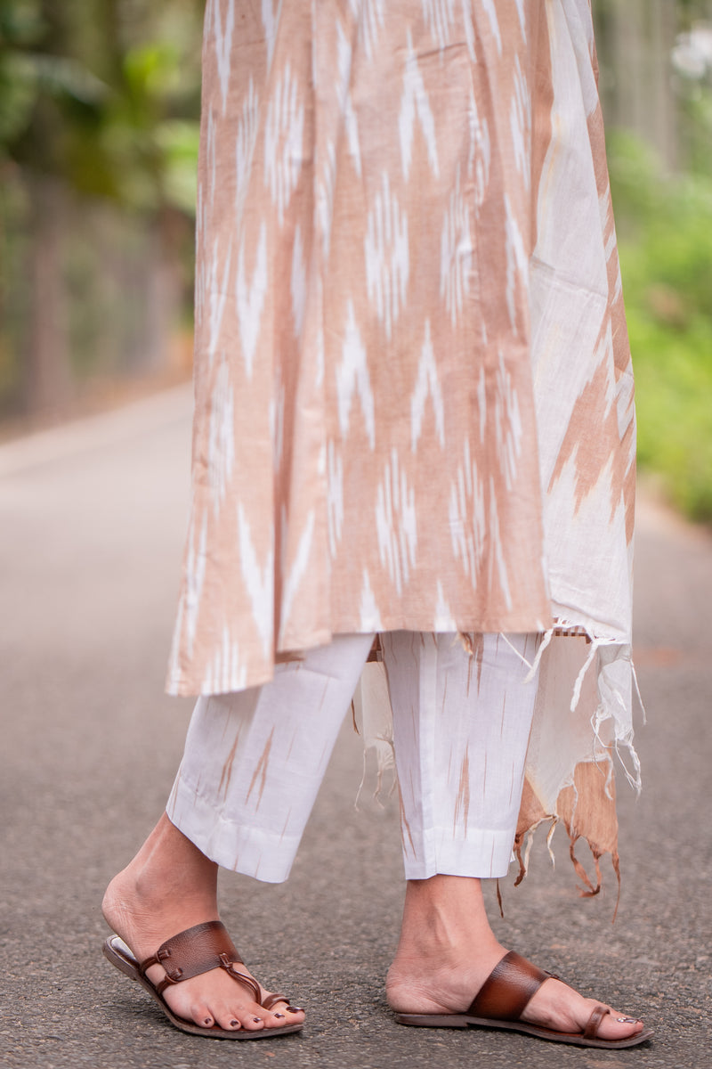 Caramel Cream Ikkat Kurta Set With Dupatta