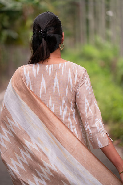 Caramel Cream Ikkat Kurta Set With Dupatta