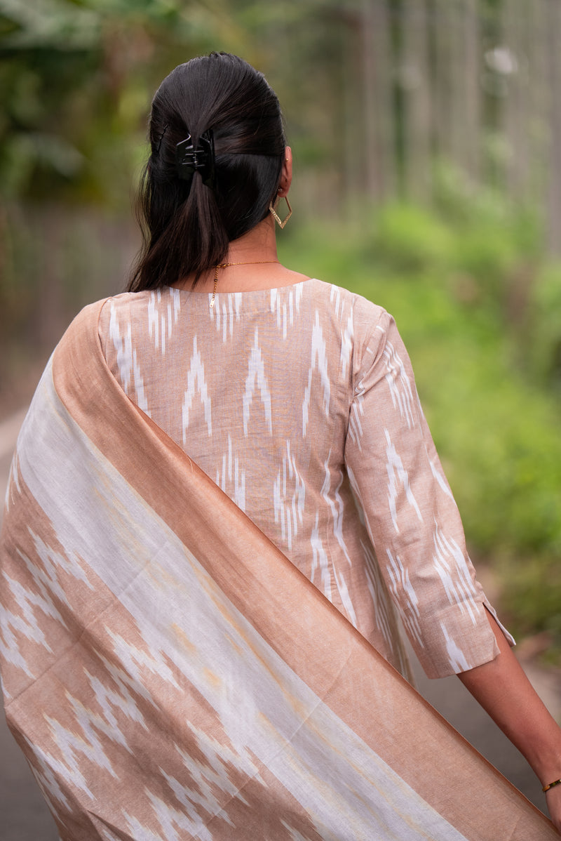 Caramel Cream Ikkat Kurta Set With Dupatta