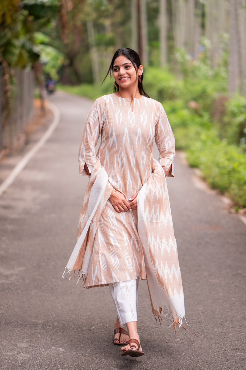 Caramel Cream Ikkat Kurta Set With Dupatta