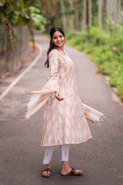 Caramel Cream Ikkat Kurta Set With Dupatta